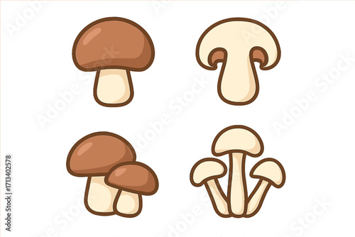 Mushroom vector set in cartoon style. Champignon collection with whole, sliced, and grouped fungi. Healthy vegan food ingredient for cooking. Simple flat icon illustration