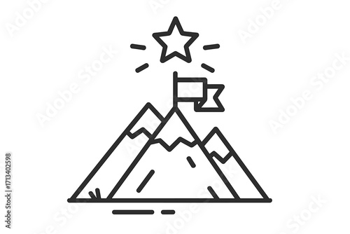 Mountain with flag on top and star. Goal achievement, success, victory symbol. Mission accomplished, leadership, peak performance concept. Business strategy, line vector icon.