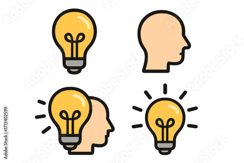 Creative idea icon set. Light bulb and head symbol for innovation, solution, and inspiration. Metaphor for thinking, knowledge, and brainstorming. Vector illustration.
