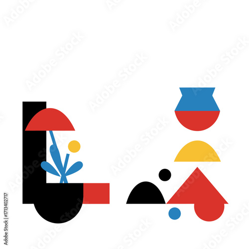 Abstract Composition with Geometric Shapes, Plant Elements, and Decorative Forms