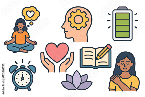 Mindfulness and self-care icon set for mental health and well-being. Vector concepts for personal growth, positive psychology, meditation, self-love, journaling, and energy.