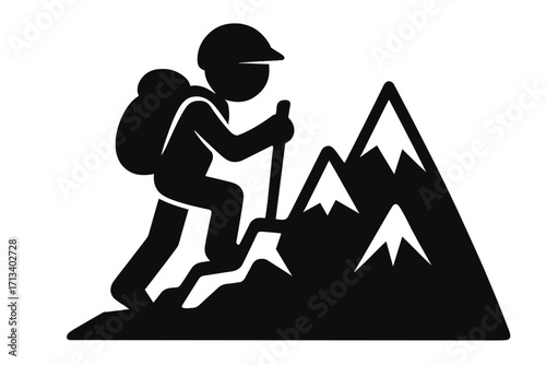Mountain climbing icon. Hiker silhouette. Man with backpack. Concept for adventure, hiking, trekking, alpinism. Extreme outdoor sport. Vector logo. Reaching summit. Ascent.