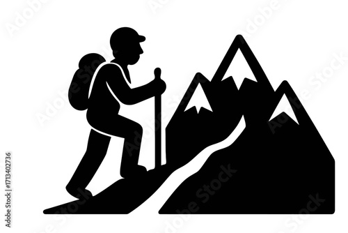 Hiking icon. Hiker silhouette with backpack. Man climbing mountain. Trekking symbol. Adventure, travel, exploration. Outdoor activity concept. Alpinism, mountaineering.