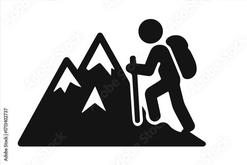 Mountain hiking vector icon. Silhouette of a person with a backpack climbing a peak. Symbol for adventure, travel, tourism, outdoor activity, and an active lifestyle.