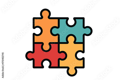 Jigsaw puzzle icon with four colorful pieces connected. Metaphor for teamwork, business solution, and problem-solving. Concept of collaboration, partnership, and strategy.