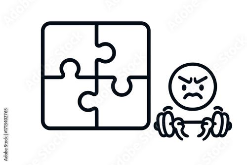 Difficult puzzle challenge icon. Metaphor for problem solving & mental exercise. Angry emoji lifting weights symbolizes hard work, brain training, determination, and effort.