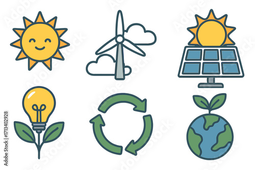 Renewable energy icon set for sustainability. Green power concept with sun, solar panel, wind turbine, recycle symbol, plant earth and eco lightbulb. Vector cartoon icons.