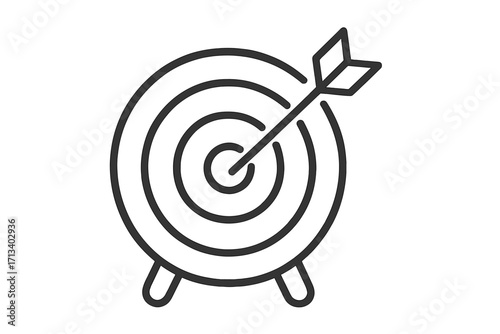 Target with arrow in bullseye. Business goal and success concept. Metaphor for aim, achievement, and focus. Marketing strategy and mission objective. Vector line art icon.