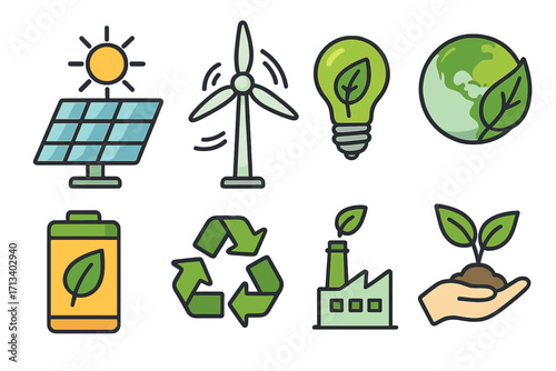 Renewable energy and sustainability vector icon set. Symbols for ecology, eco friendly power and a greener future. Concepts like solar panel, wind turbine, recycling, green energy.