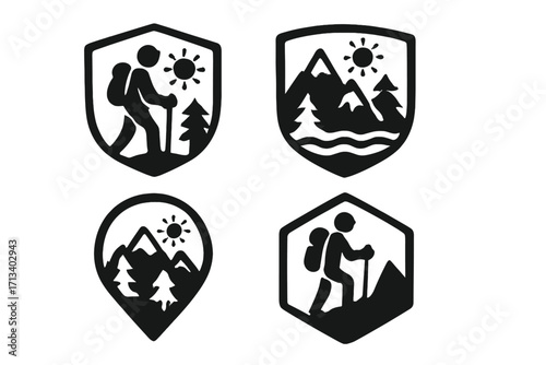 Set of hiking trail icons. Outdoor adventure badges. Mountain explorer silhouette logo. Vector for trekking, camping, nature. Emblem symbol pack. Hiker & landscape icons.
