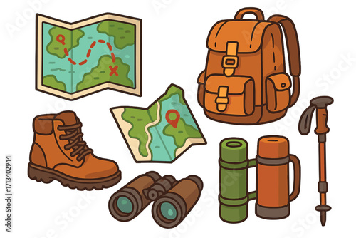 Travel essentials for hiking adventure. Vector cartoon icon set of camping equipment with backpack, map, boots, trekking pole, thermos, and binoculars for exploration.