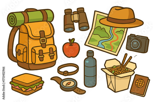 Travel essentials and hiking gear collection for an adventure journey. Vector cartoon illustration set with backpack, map, compass, camera, passport, and food for exploration.