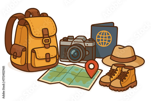 Travel essentials for adventure preparation. Vacation journey items. Backpack, camera, passport, map. Hiking gear for exploration. Tourism concept flat cartoon illustration.