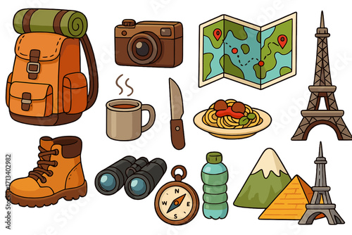 Set of travel essentials for a world tour adventure. Vector cartoon icons for tourism, hiking, and vacation. Includes backpack, camera, map, compass, and famous landmarks.