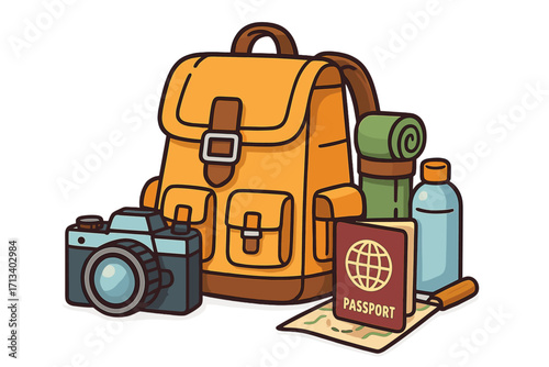 Travel essentials for adventure and tourism. Backpacking gear with camera, passport, and map for vacation journey. Concept of exploration and hiking preparation. Flat vector.