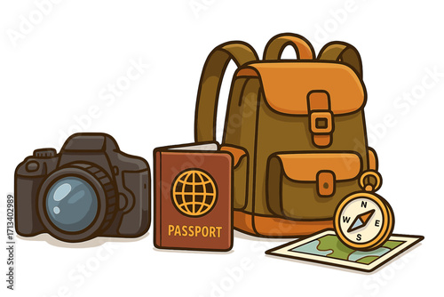 Travel essentials for adventure and exploration. Flat cartoon vector illustration with camera, passport, backpack, compass, and map. Vacation journey, tourism gear concept.