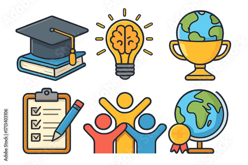 Education and success icon set. Graduation cap, idea lightbulb, global trophy, teamwork, checklist. Learning, achievement, and business goals vector illustration collection.