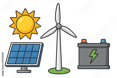 Renewable energy icon set with solar panel, sun, wind turbine, and battery storage. Clean green power concept. Vector cartoon illustration for ecology and sustainability.