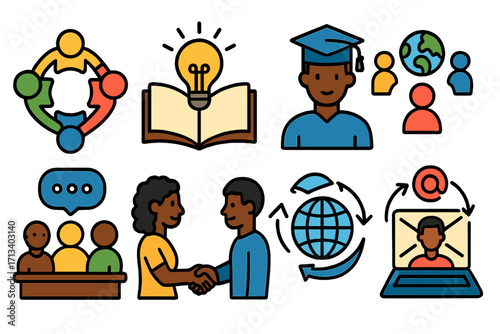Diverse teamwork education and global business icon set. Vector icons for collaboration, online learning, international communication, student graduation, and partnership.