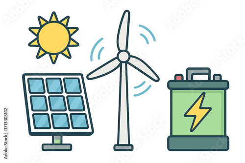 Renewable energy concept with sun, solar panel, wind turbine, and battery storage. Green power generation. Sustainable electricity vector icon set. Eco-friendly technology.