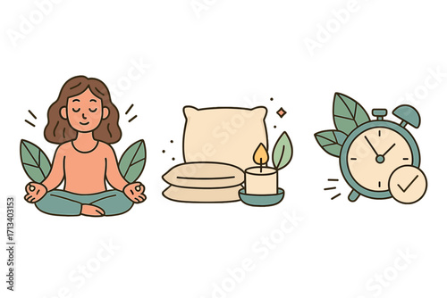 Wellness and self-care icon set. Meditation, relaxation, and healthy sleep routine. Time management and mental health balance. Calm vector cartoon illustration for mindfulness.