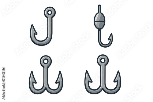 Fishing hook icon set. Fishhook vector collection. Sport fishing tackle. Cartoon illustration of single hook, treble hook, and hook with float. Bait and lure equipment elements.