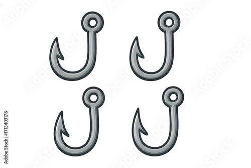 Four fishing hooks icon set. Fishhook vector illustration for angling and sport fishing. Sharp metal bait holder equipment for catching fish. Cartoon tackle design element.