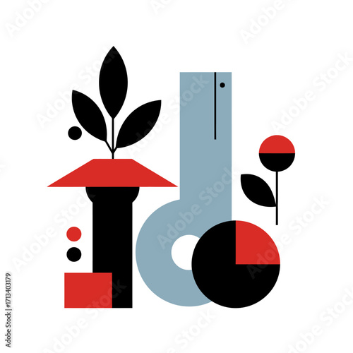 Geometric Abstract Composition with Red, Black, and Gray Elements on White Background