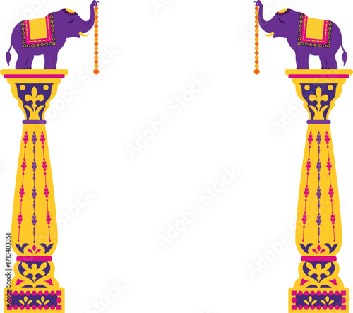 Illustration of Indian Ornate Decorative Pillar For Diwali Festival Background Decoration With Elephant and Garland