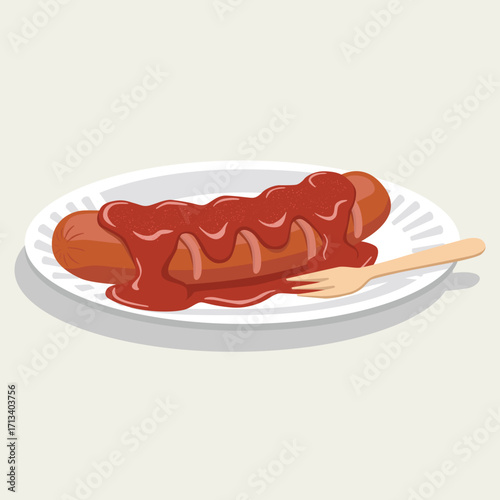 vector flat color of German currywurst grilled sausage with spicy tomato sauce and dusted with curry powder on white plate.