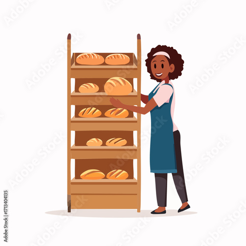 Smiling baker arranging fresh bread on wooden shelves, ready for sale in a charming bakery setting