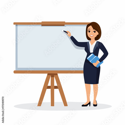 Professional businesswoman presenting on whiteboard with confident smile, ideal for presentations