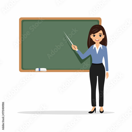 Smiling teacher pointing at chalkboard during lesson, perfect for educational presentations and projects