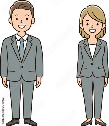 Business professionals illustration, corporate attire, workplace diversity, smiling characters, professional pose, cartoon style, office team, gender representation, career theme