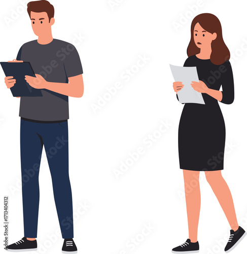 Man and woman reviewing documents, clipboard writing, paper reading, office activity, business focus, professional routine, workplace task, pen in hand