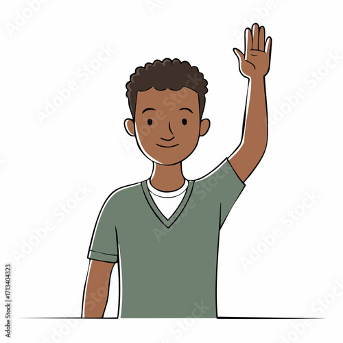 Young man raising hand with a smile, representing agreement, participation, and positive engagement