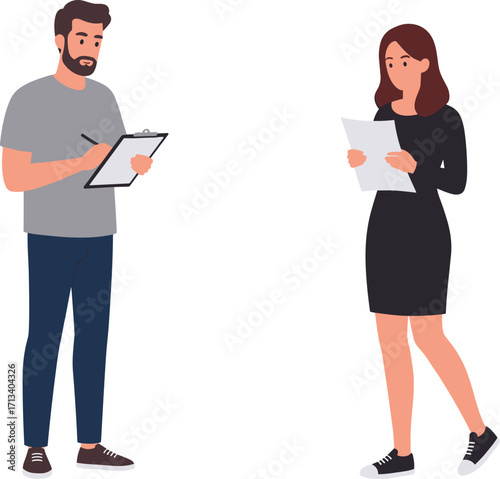Man and woman reviewing documents, clipboard writing, paper reading, office activity, professional focus, business task, workplace routine, pen in hand