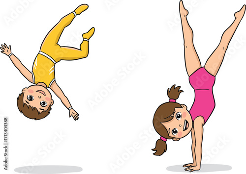 Children performing gymnastics poses, boy and girl in athletic outfits, acrobatic skills, balance and flexibility, sports training illustration, playful exercise, healthy active lifestyle concept
