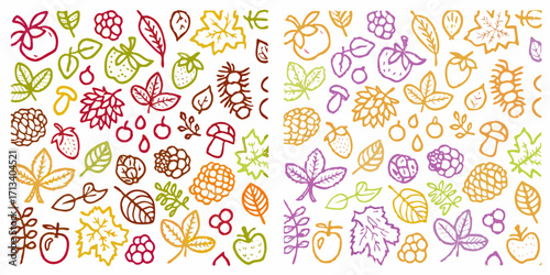 Hand drawn autumn harvest elements and fall leaves seamless pattern background