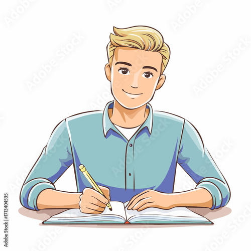 Young professional writing notes, planning ideas, and working diligently with a smile on his face