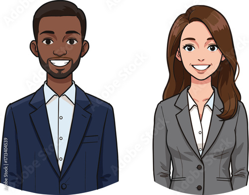 Professional business characters, cartoon style, corporate attire, smiling pose, workplace diversity, office illustration, career theme, team concept, presentation-ready