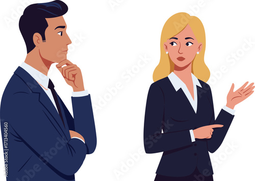 Professional business interaction, corporate attire, office discussion, team communication, leadership gesture, thoughtful pose, workplace collaboration, executive meeting, strategy talk