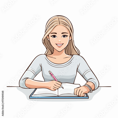 Smiling woman writing in a notebook, perfect for education, blogging, and creative projects