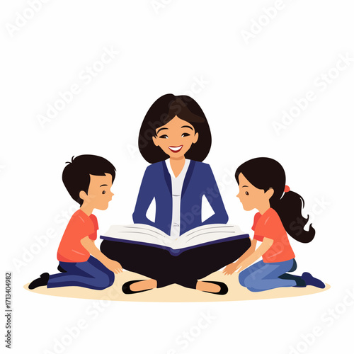 Happy teacher reading a story with children, fostering learning and imagination in a cozy setting