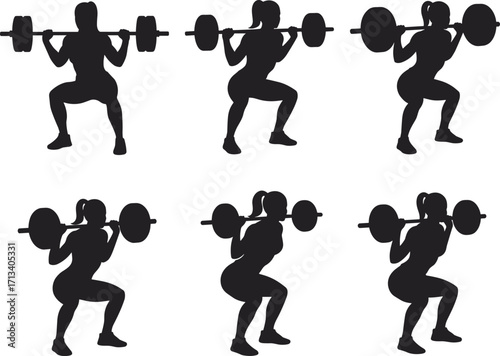 Female athlete barbell squat silhouette sequence, strength training exercise illustration, gym workout posture, fitness technique, weightlifting form, bodybuilding concept, lower body workout