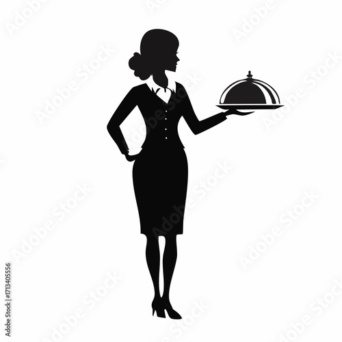 Elegant waitress silhouette presenting covered dish, perfect for restaurant branding or catering design