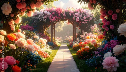 Fototapeta Naklejka Na Ścianę i Meble -  Lush floral archway garden path