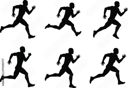 Running motion silhouette sequence of athlete, sprinting phases illustration, sports training concept, physical fitness, speed and performance, biomechanics study, dynamic movement, exercise education