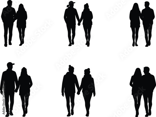 Couples walking silhouette sequence, romantic partners holding hands, relationship concept illustration, companionship and love, social interaction, lifestyle design, affectionate gesture