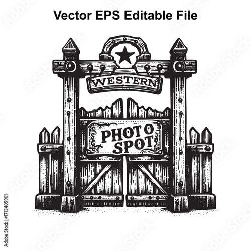 Vector art of western photo spot wooden gate with star and fence